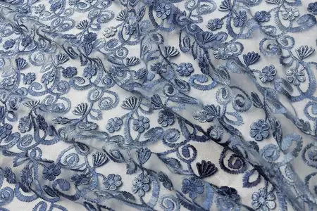 elegant blue floral embroidered mesh fabric gallery 4