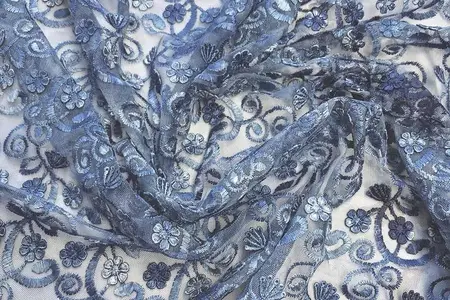 elegant blue floral embroidered mesh fabric gallery 6