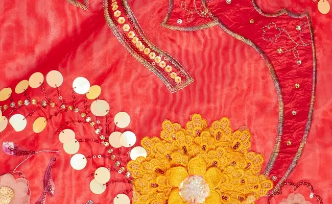 red floral sequins organza fabric banner 1