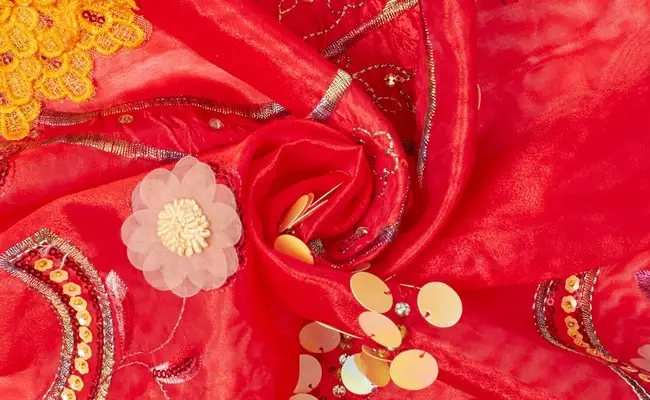 red floral sequins organza fabric banner 3